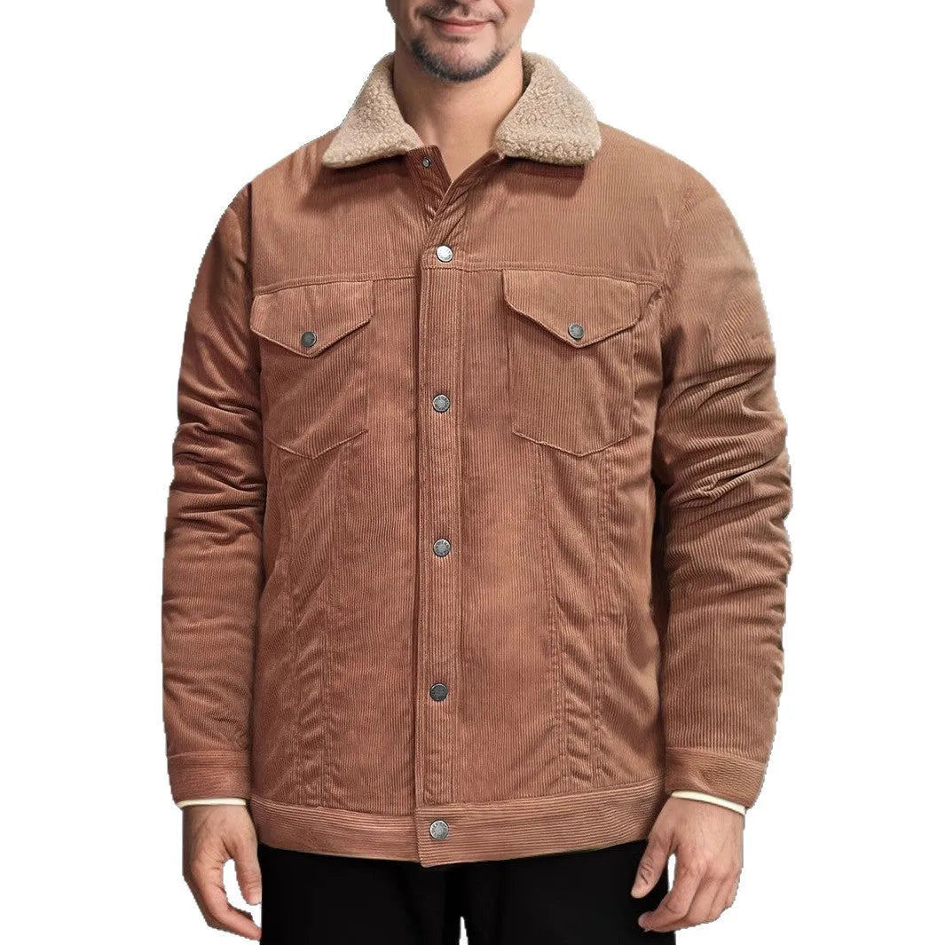 Men's thickened corduroy fleece-lined lapel jacket in dark brown, army green, navy blue or black, sizes S to XXXL
