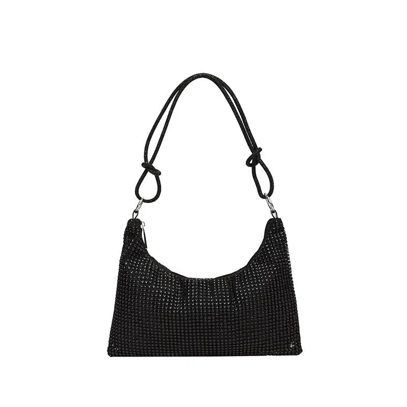Women's solid-colour nylon shoulder bag with faux rhinestone details, chain strap, and zipper closure in silver
