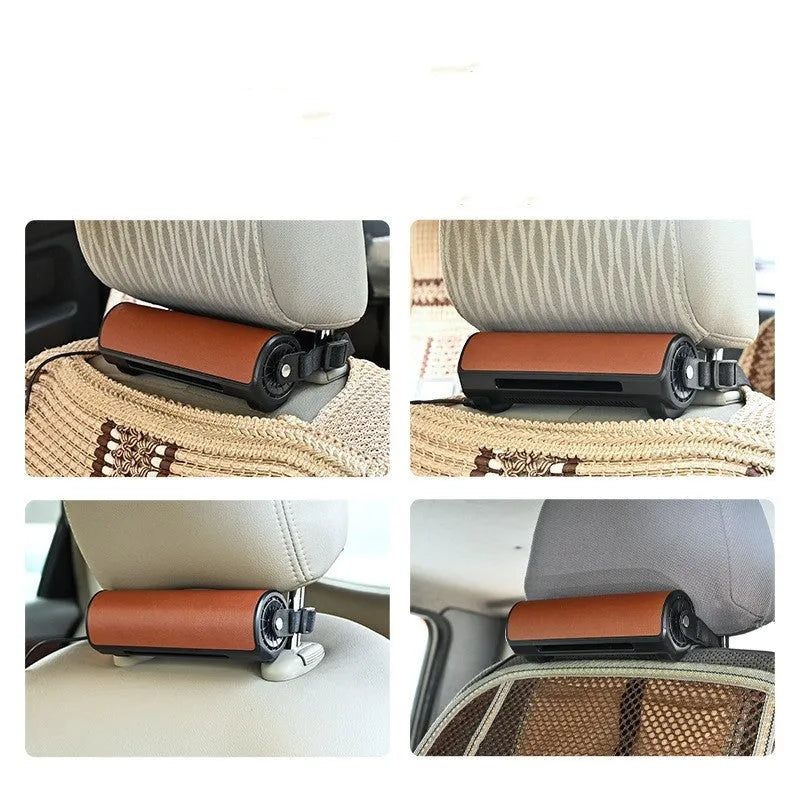 Bladeless car mounted fan in black colour with USB power cord, shown with dimensions.