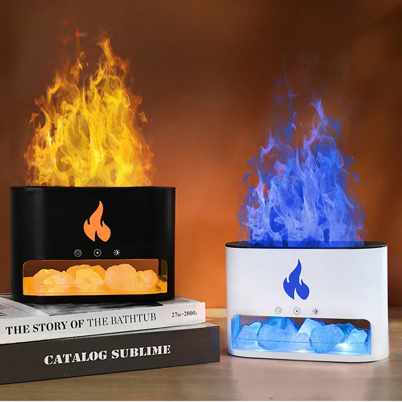 White square desktop humidifier with glowing 3D flame effect and colourful LED lights