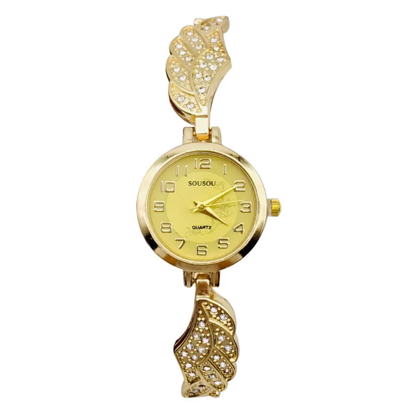 Women's stainless steel watch with a round dial shown in gold, golden white, and black/gold surface options.