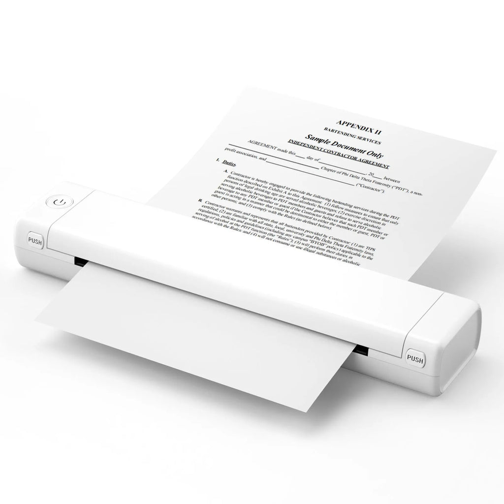 Phomemo M08F portable A4 thermal printer in silver black colour on a desk
