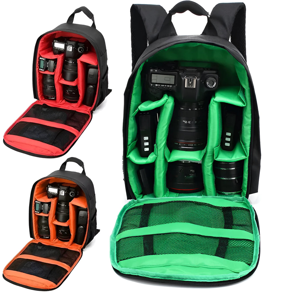 Anti-theft DSLR backpack camera bag in black and green, made from waterproof nylon Oxford cloth with breathable back panel and secure zipper.