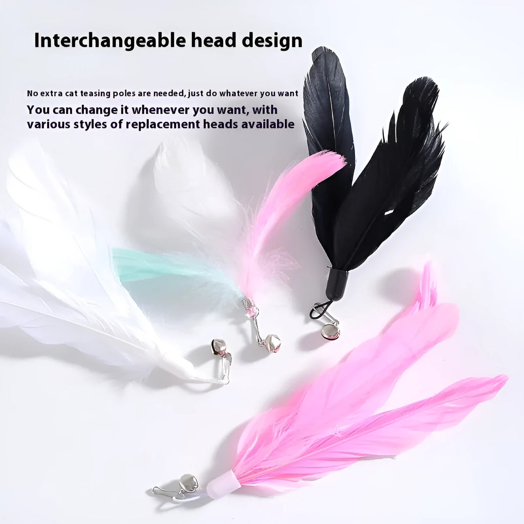 Cat teaser wand with suction cup base, long handle, bell attachment, and feather lure in various colour options