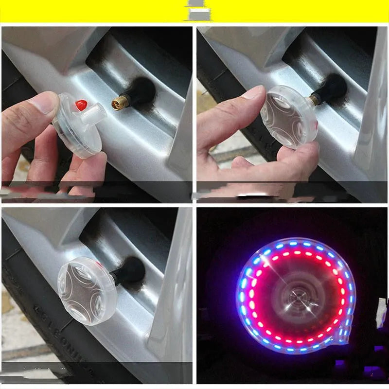 Solar powered colourful wheel hub lamp attached to car tyre valve with flashing light