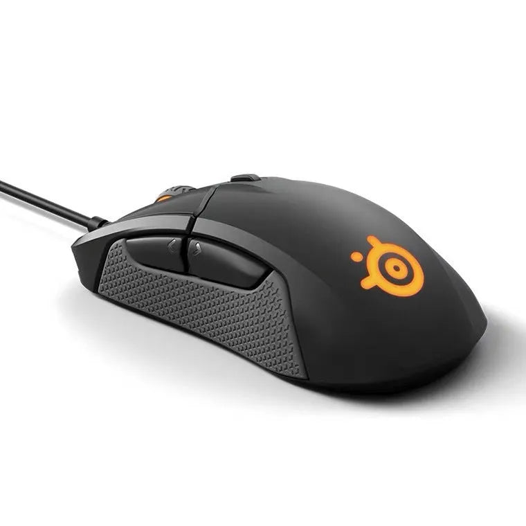 Black wired mechanical gaming mouse with 12000 DPI optical sensor, six keys, USB interface, ergonomic rat-size 128x70x42mm