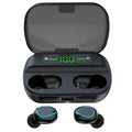 Black wireless Bluetooth headset with earplug design showing Bluetooth 5.0 and 10m range capabilities