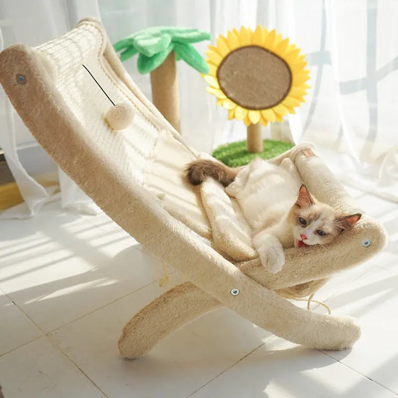 Cat sofa bed sunbathing chair in beige or dark grey with back mat, made from sisal, wood, corrugated paper, and hemp rope