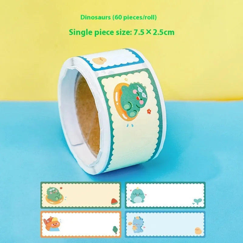 Roll of cartoon name tape stickers showing dinosaur, astronaut, rabbit, and girl cute design themes.