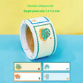 Roll of cartoon name tape stickers showing dinosaur, astronaut, rabbit, and girl cute design themes.