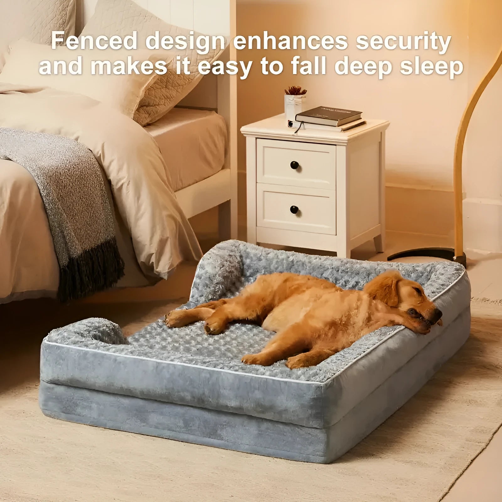 Light grey waterproof dog kennel pad with removable washable cover next to a dog crate.