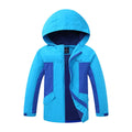 Blue children's long sleeve jacket with front zipper, shown on a hanger.