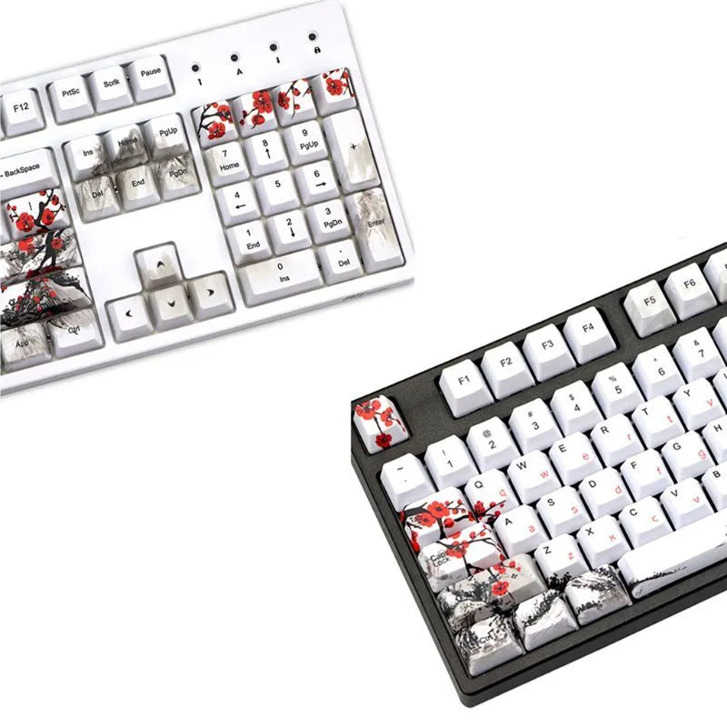 PBT Wangjiang Plum blossom theme keycap set for mechanical keyboards, showing five-sided sublimation printing.