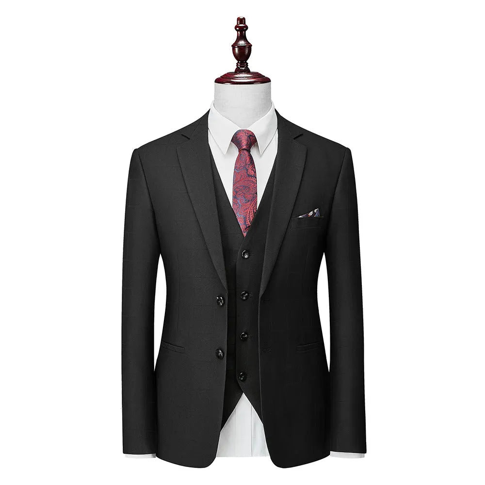 Men's navy blue slim fit three-piece plaid suit with vest, jacket and trousers on hanger