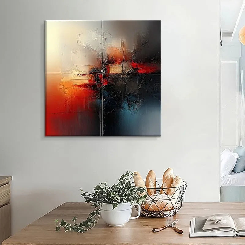 Handmade abstract red oil painting on canvas, square format, rolled frameless wall art