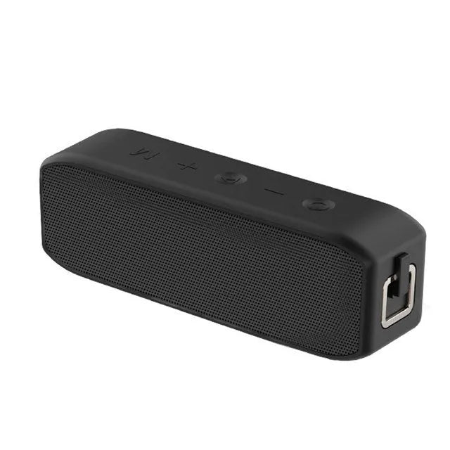Black waterproof wireless Bluetooth speaker with button controls and USB port