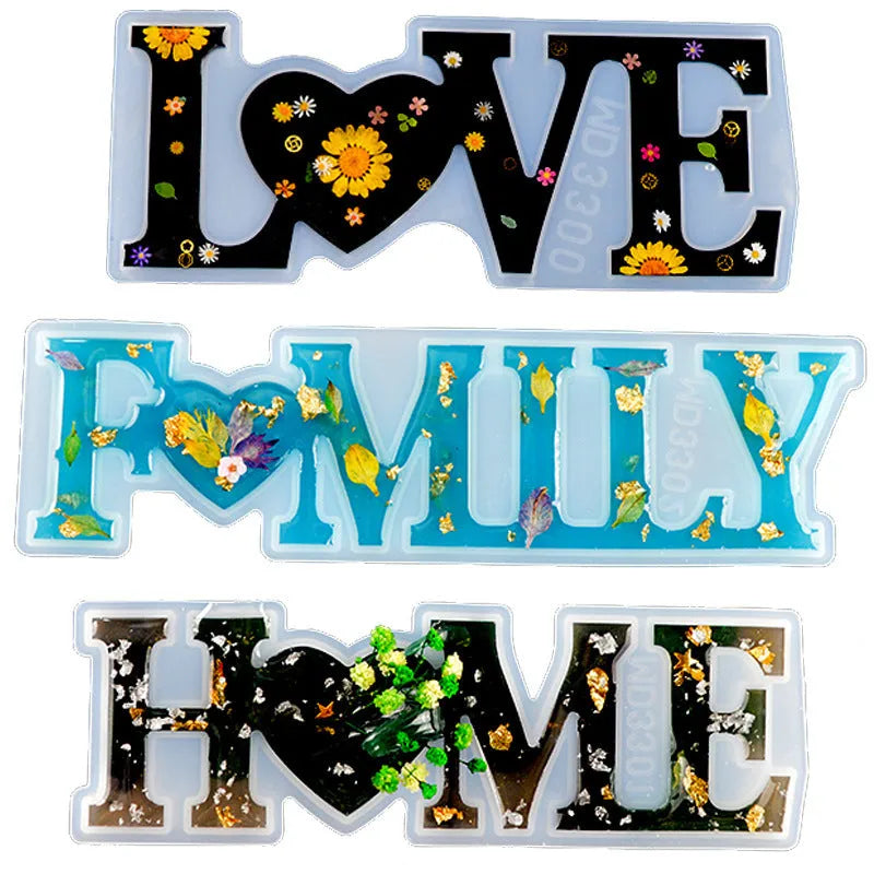 Silicone epoxy mould for letter jewellery making with English text designs including love, home, and family words