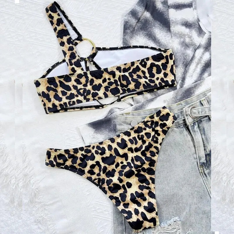 Women's bikini set with hollow leopard print and polka dot pattern in nylon fabric