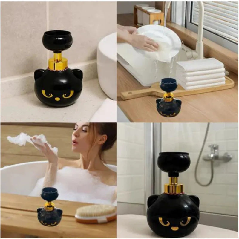 Black plastic cartoon cat shaped foam soap dispenser on a bathroom counter.