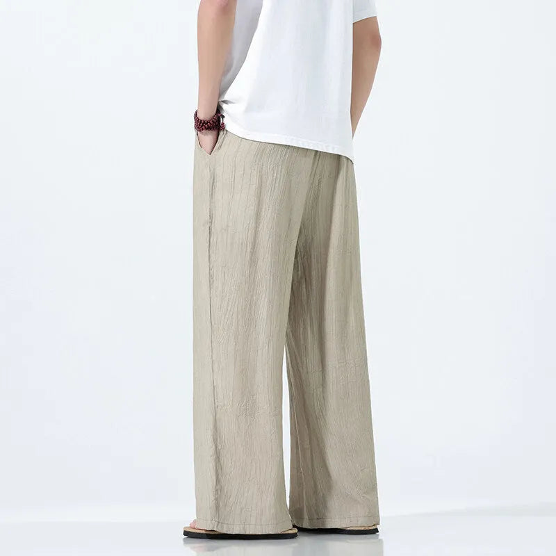 Men's bamboo fibre straight-leg trousers in black, khaki or coffee, thin wide-leg mid waist style, sizes M to 5XL