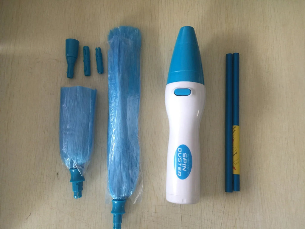 Blue electric dust cleaner with electrostatic bristles, 2 duster heads, for ceiling fans and blinds