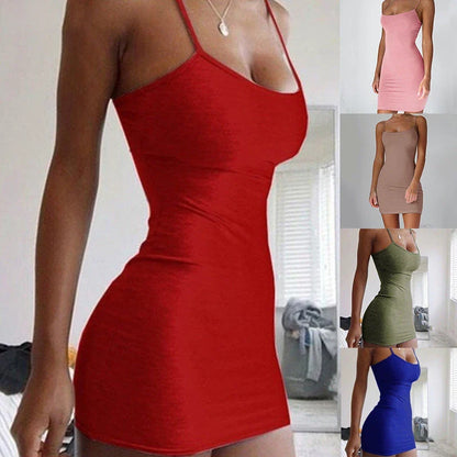 Stylish spaghetti strap mini dress in various colors, featuring a figure-hugging fit and contemporary design