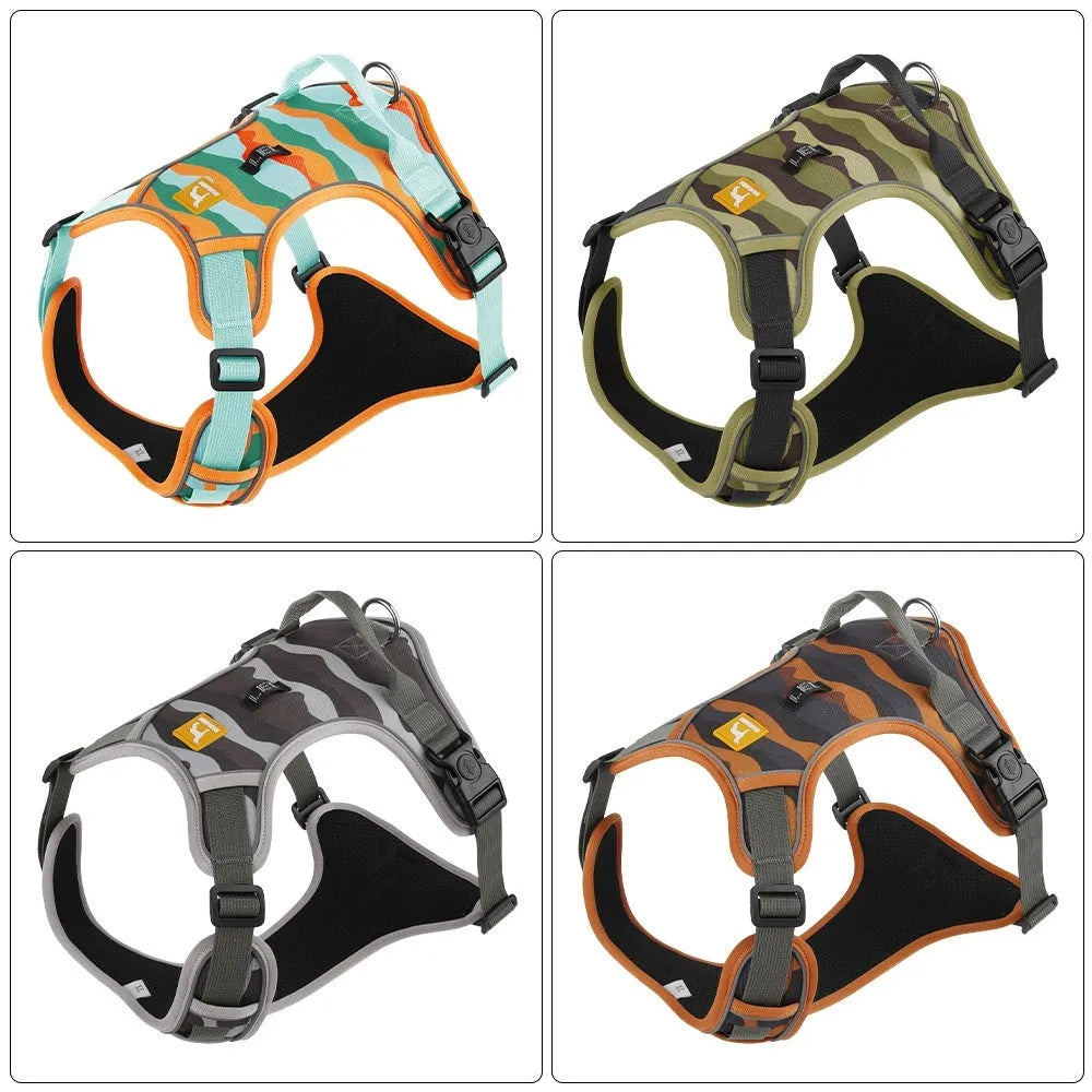 Orange reflective dog chest and back harness lead for walking safety.