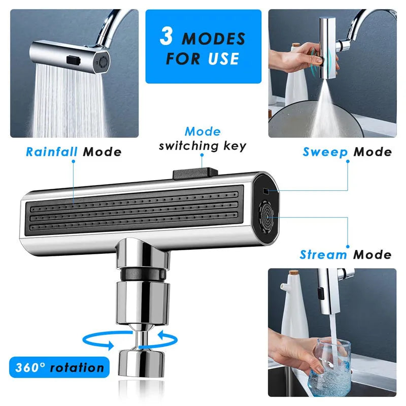 Brushed nickel kitchen faucet connector with pull-down sprayer, showing waterfall water flow mode.