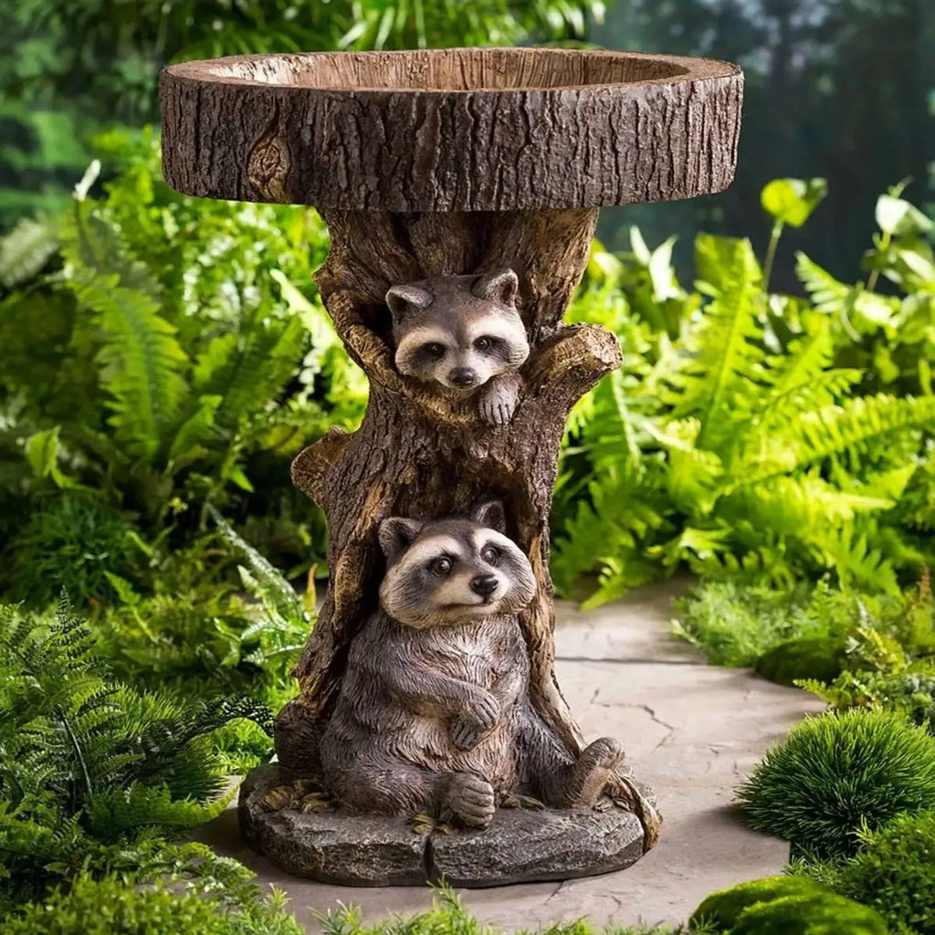 Handmade resin raccoon garden ornament 21cm tall on wooden table modern simple style