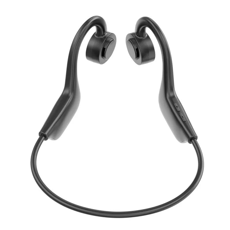 Black VG02 wireless sports Bluetooth headset with ear-mounted in-ear design shown with USB charging cable.