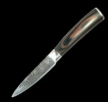 7Cr17 stainless steel kitchen knife with Damascus patterned 18 cm blade and coloured wood handle