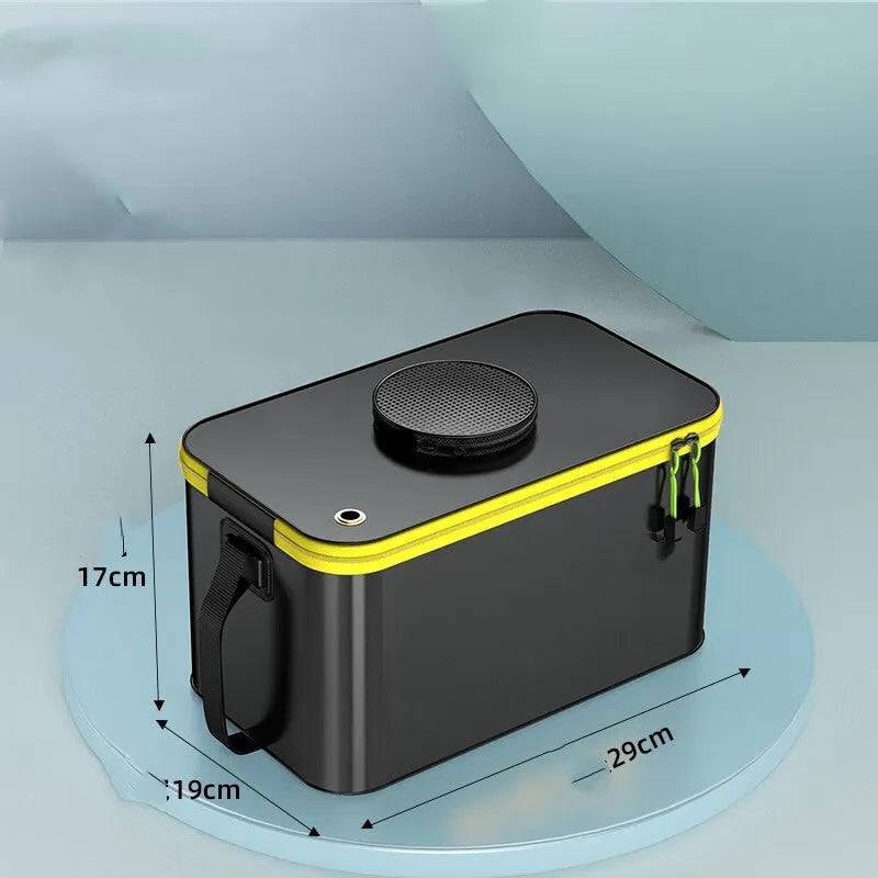 Thickened EVA fishing bucket in black, dark green, or transparent with double-opening mouth, 30cm to 50cm sizes, and oxygen pump options.