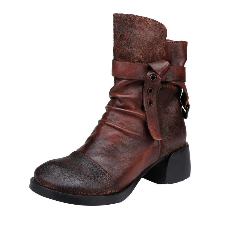Women's black retro ankle boots with a chunky heel and genuine leather upper.