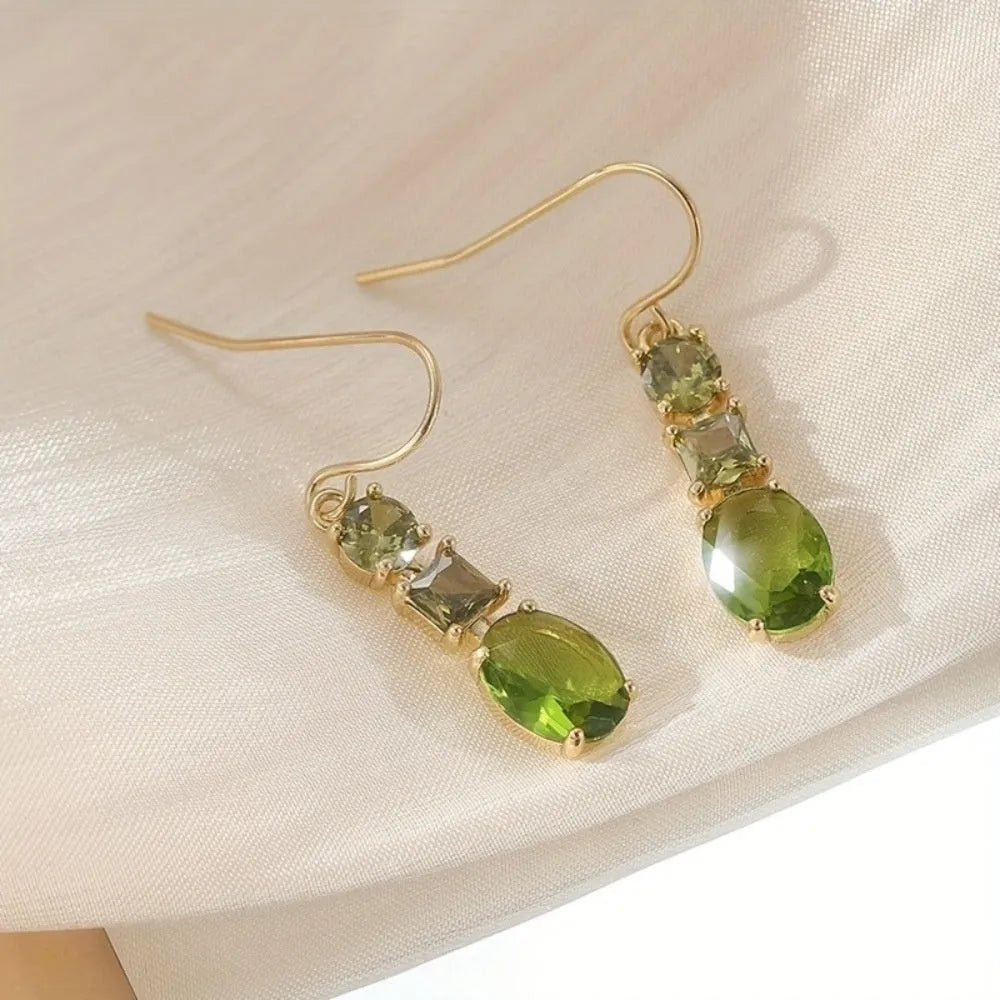 Green geometric quadrilateral copper earrings with retro Bohemian style