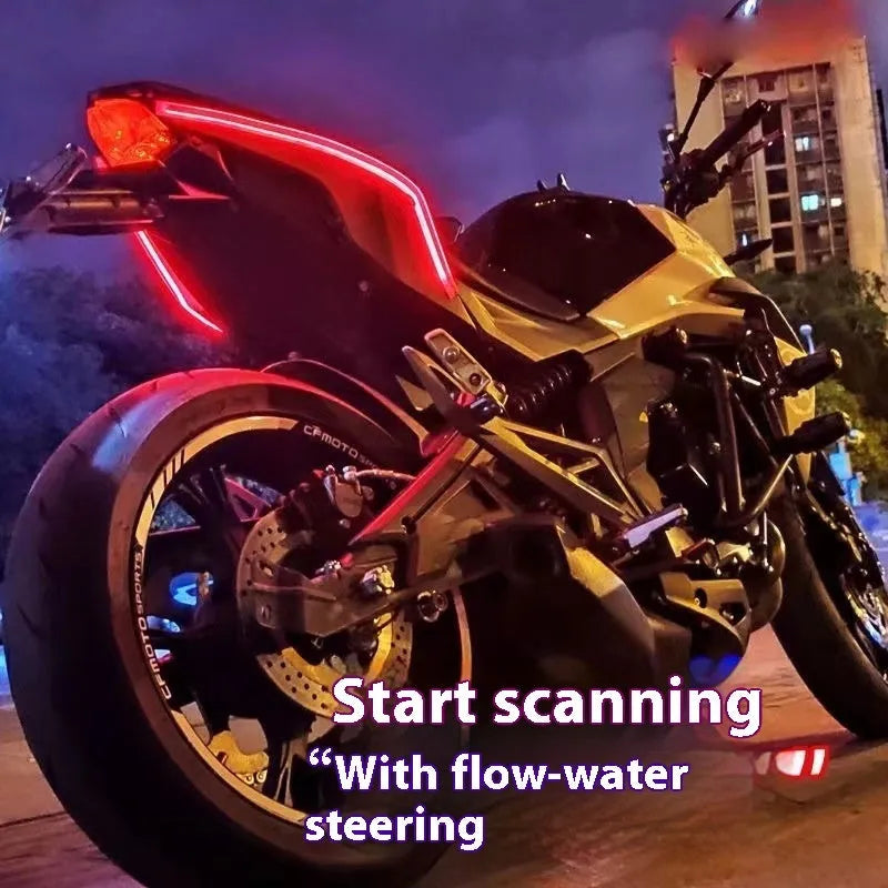 Motorcycle steering column with installed PVC LED strip creating a running water ambience light effect in blue to yellow colours.