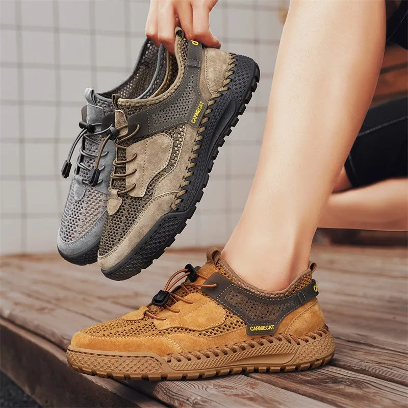 Men's brown suede tennis shoes with elastic closure and hand-stitched rubber soles