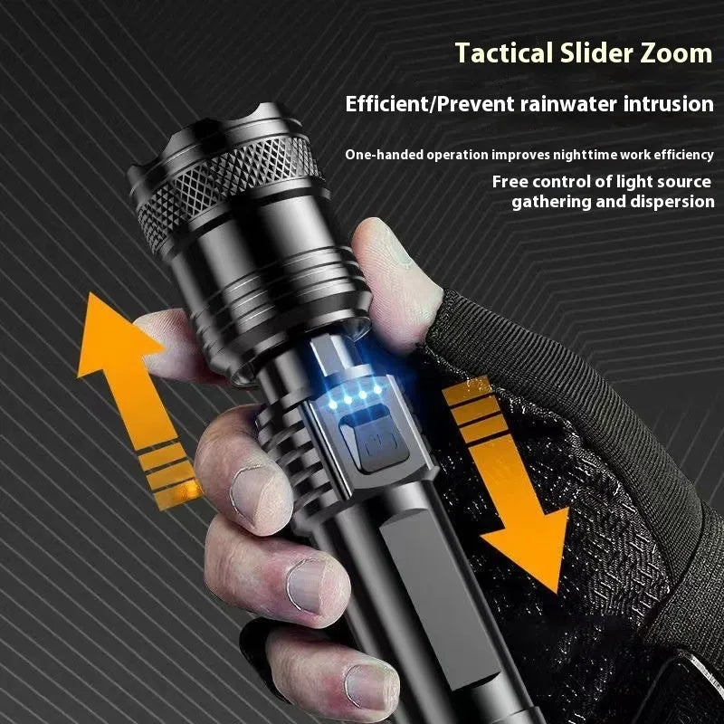 Power Torch portable rechargeable super bright LED searchlight with telescopic zoom, 2200 lumens, 500m range, IP55 protection