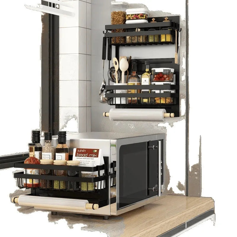 Magnetic refrigerator side storage rack in Black or Dark Green, punch-free, for plastic wrap, tissue, and seasoning, sizes L M S