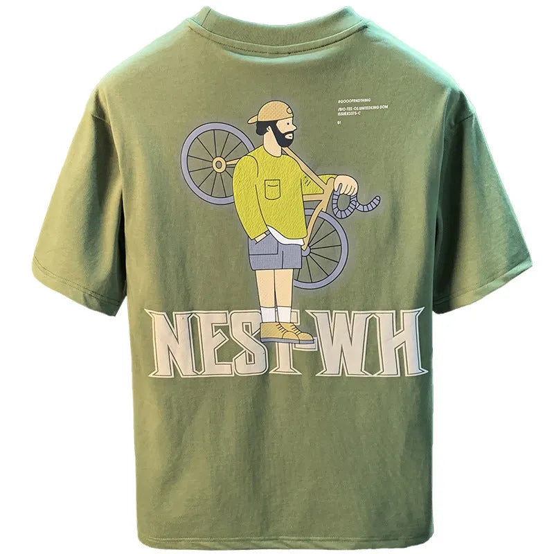 Green loose fit men's short sleeve t-shirt with a printed graphic design on the front.