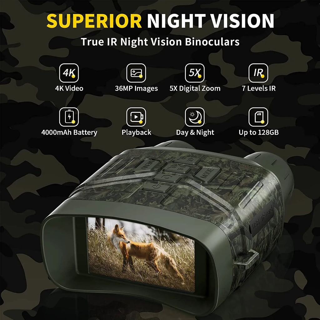 Black handheld night vision monocular with lens and screen, showing camouflage colour option.