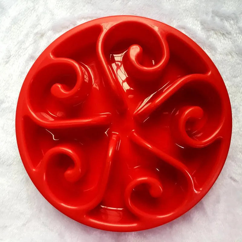 Slow feeder dog bowl with maze pattern ridges and non-slip silicone base in multiple colour options