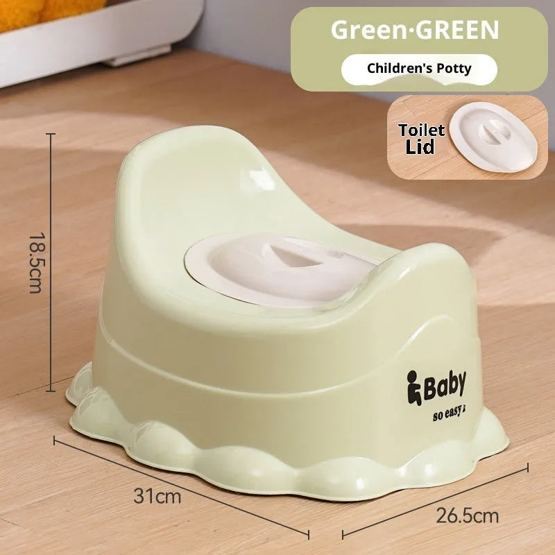Children's portable thickened toilet in green, pink, and blue with lid option on a white background