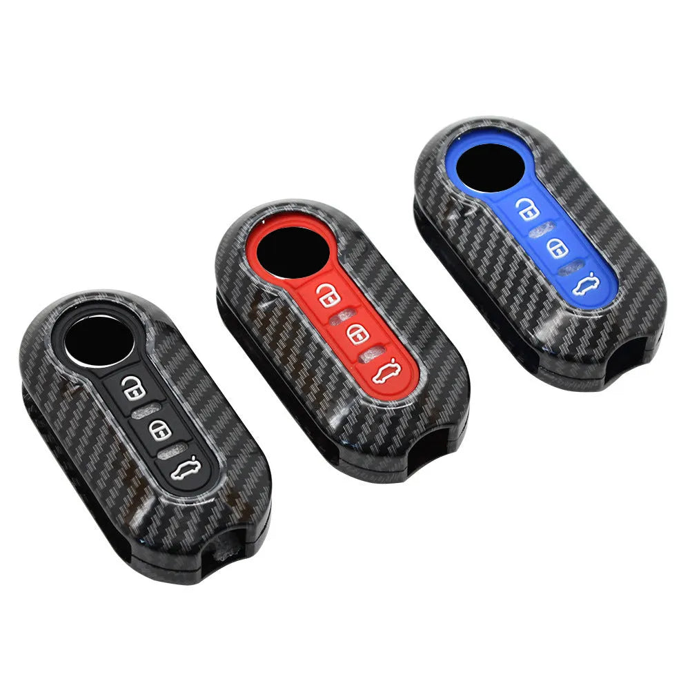 Fiat 500 Boyue Ottimo Viaggio carbon fibre pattern key shell in black, red and dark blue colours