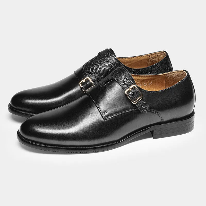 Men's first layer cowhide round toe double buckle retro style leather shoes black