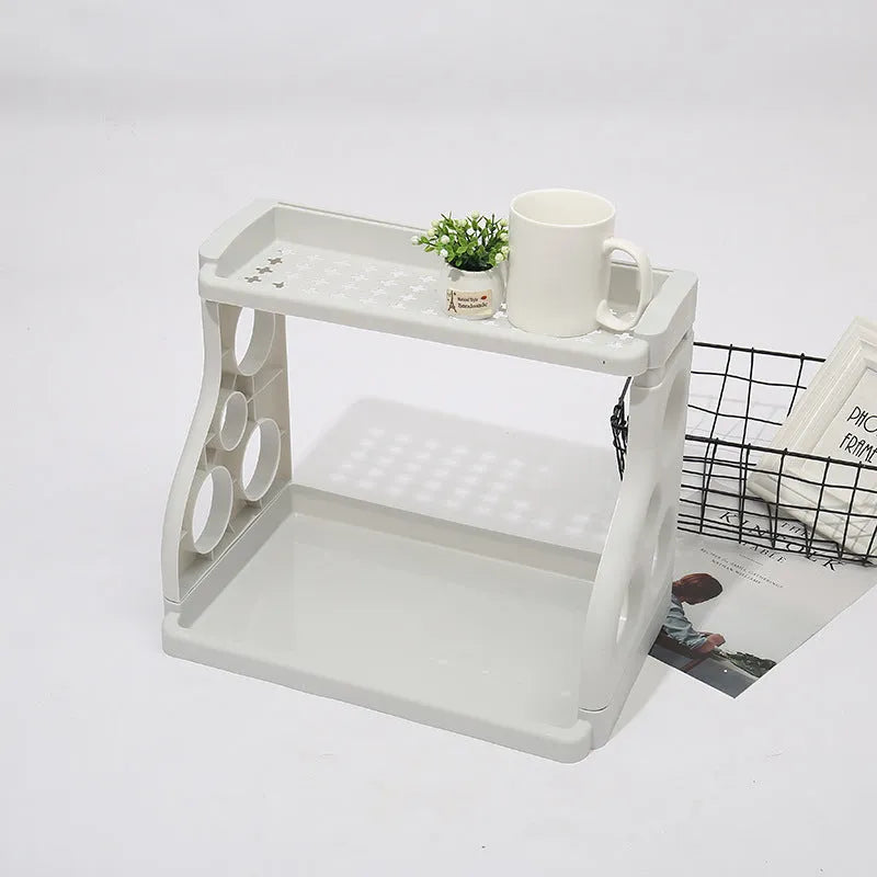Foldable multilayer kitchen storage rack in PP plastic showing dimensions and colour options