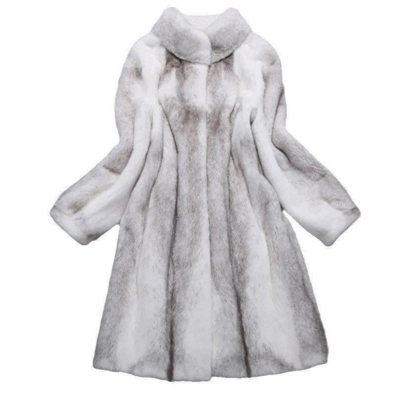 Women's white faux fur coat with stand-up collar shown at 80cm length