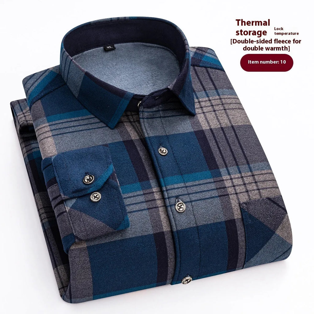 Men's long sleeve fleece-lined thick casual shirt with plaid pattern in cardigan style
