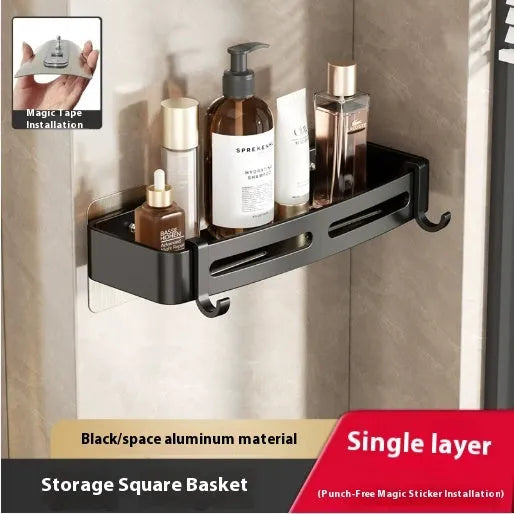 Gun grey wall-mounted corner bathroom storage rack with a single shelf, shown in a shower.