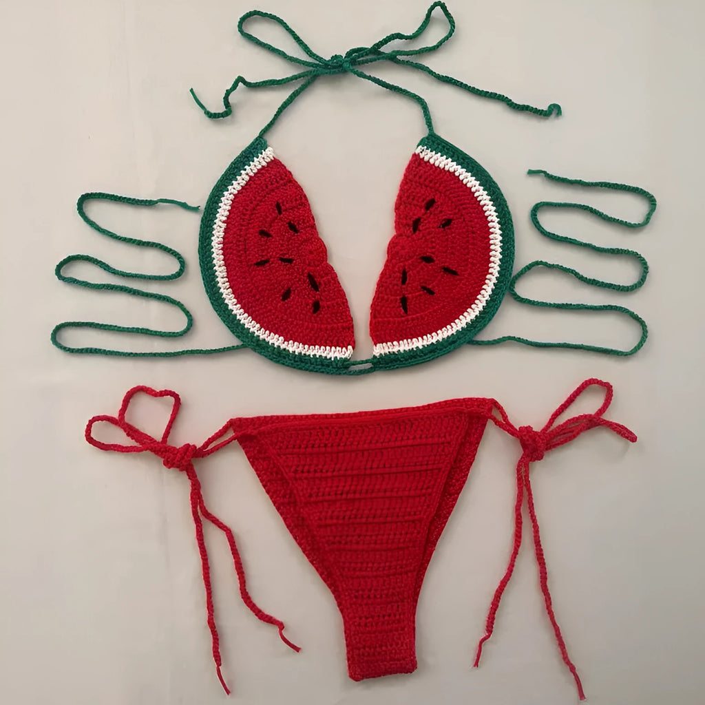 Handmade crocheted bikini two-piece set with mixed colour pattern and adjustable lace-up shoulder straps