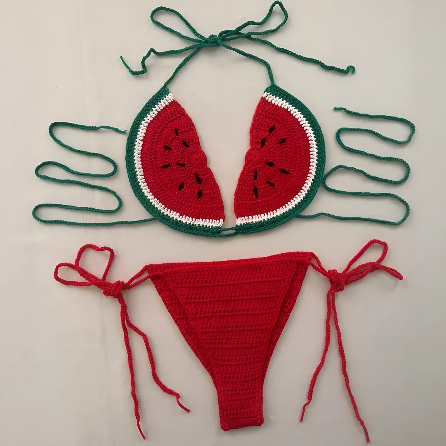 Handmade crocheted bikini two-piece set with mixed colour pattern and adjustable lace-up shoulder straps